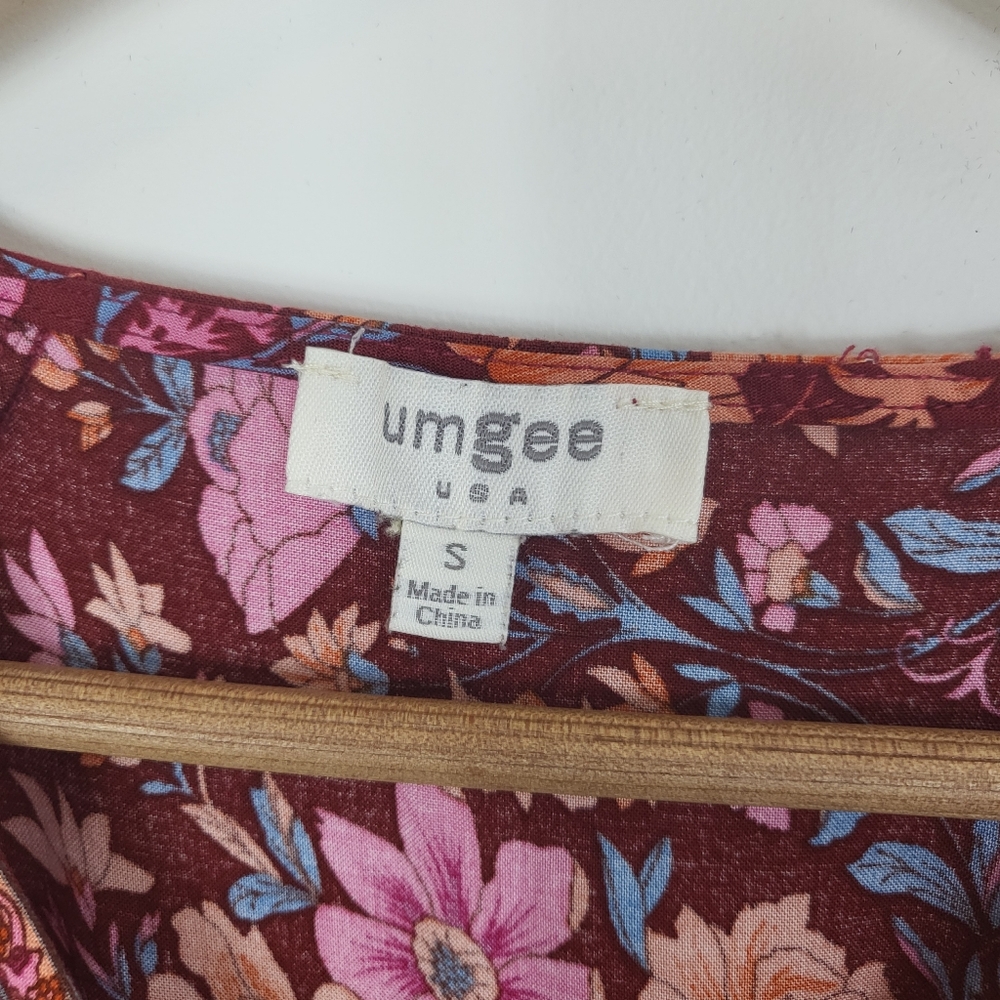 Umgee Maroon Floral Ruffle Long Sleeve Dress Small - Picture 4 of 8